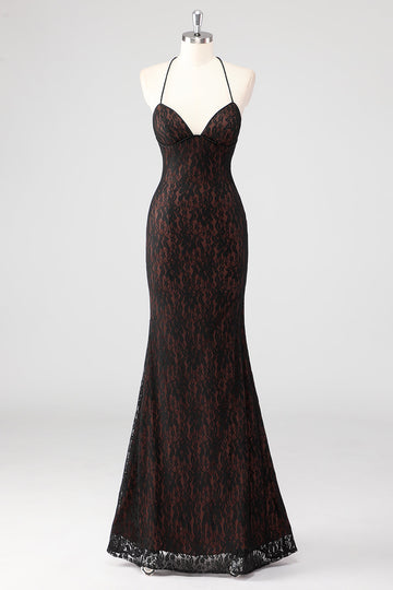 Black Spaghetti Straps Mermaid Lace Formal Dress